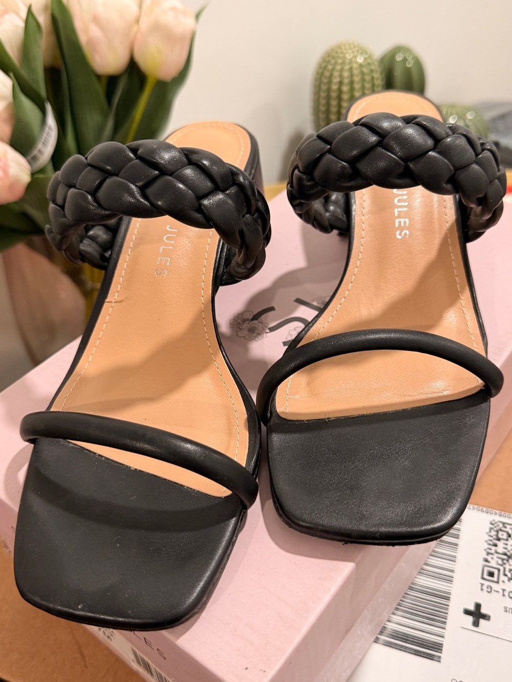 Anna Black Braided Strap Square Toe Heeled Slides